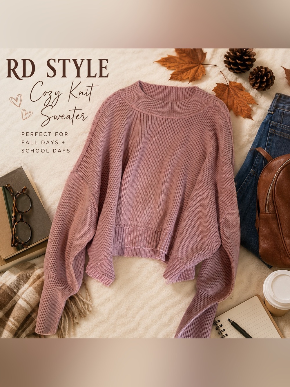 RD Style Cozy Knit Crewneck Sweater - Mauve